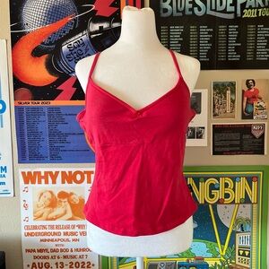 Red tank top with built in bra and lace trim